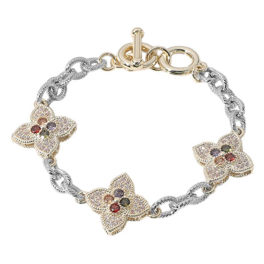 14K Gold Plated Colorful CZ Clover Charm Toggle Bracelet