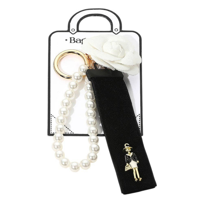SECRET BOX_Pearl Beaded Wristlet Flower Lady Velvet Strap Bag Charm / Keychain